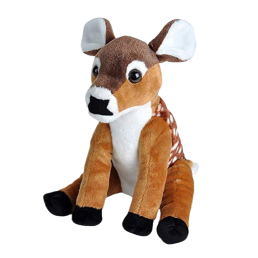 A picture of a sitting, plush, white-tailed deer. White spots are visible on its sides.